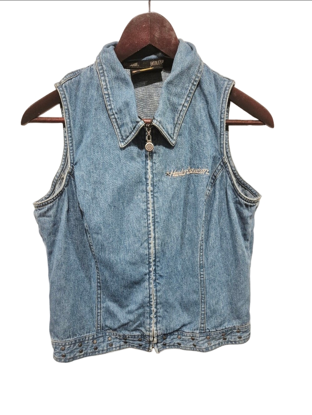 Vintage Harley Davidson Embroidered Eagle Denim Vest Studded Zip-Up Medium